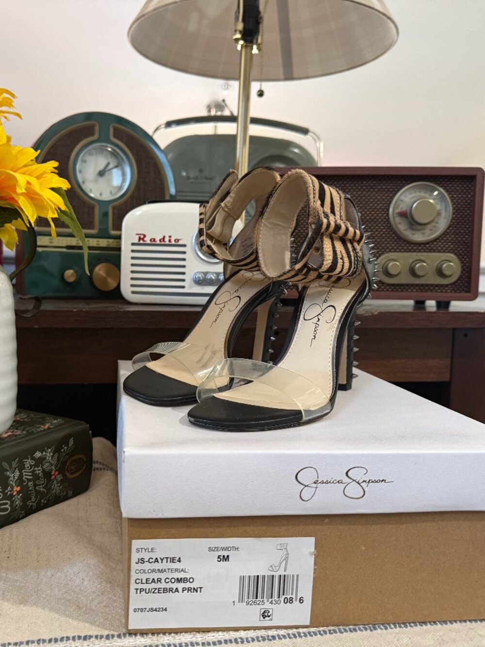 NWT Jessica Simpson Caytie4 Zebra Print Studded Clear Strap Heels Size 5